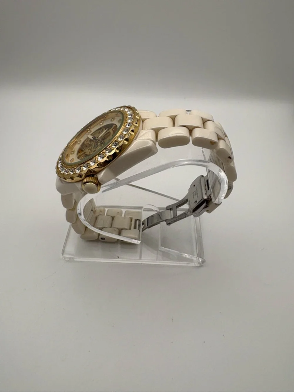 Adrienne Gold‎ Skeleton Dial Watch with Ceramic Band New Battery Works!